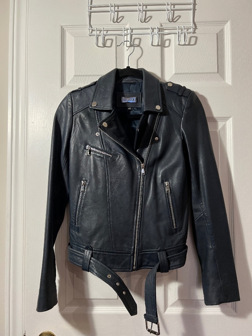 Danier Genuine Leather Asymmetrical Biker Jacket in Navy